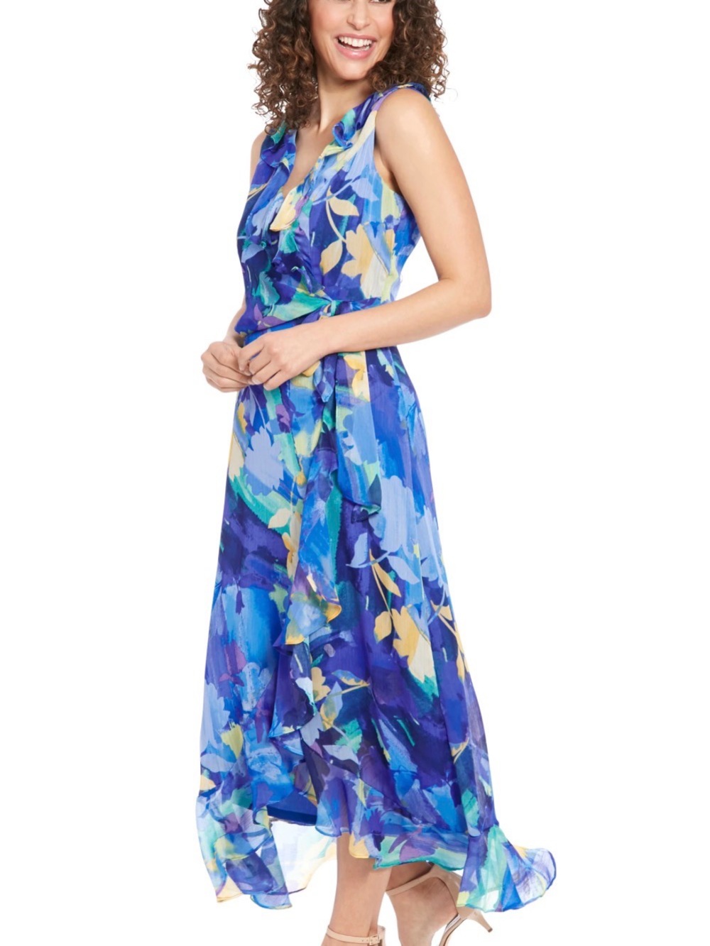 London Times Blue Floral Ruffle Wrap Midi Dress